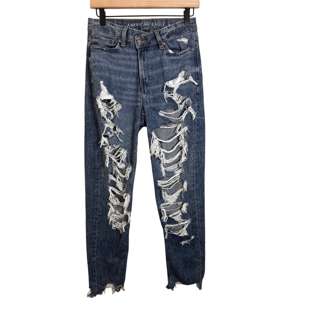 American Eagle Highest Rise Mom Jean Women 4 Long Blue‎ Distressed Ripped Frayed